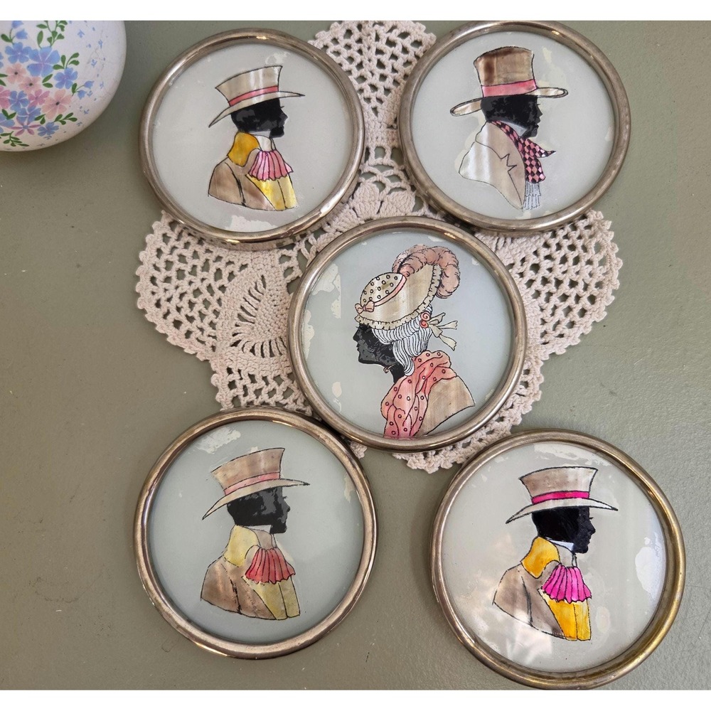 Vintage Silhouette Portrait Coasters Set of 5 Glass Metal Regency Decor